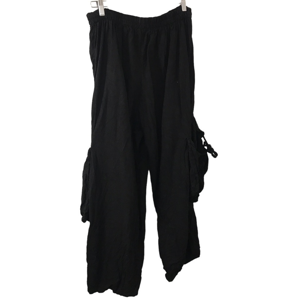 LA Bass 100% flax linen lagenlook black cargo baggy pants